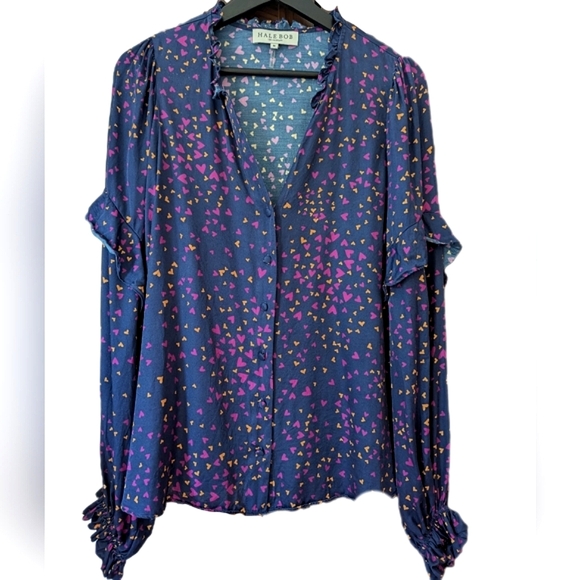 Hale Bob Tops - Hale Bob Blue Purple Silk Blend Blouse Hearts Long Sleeve Buttons Medium (Large)